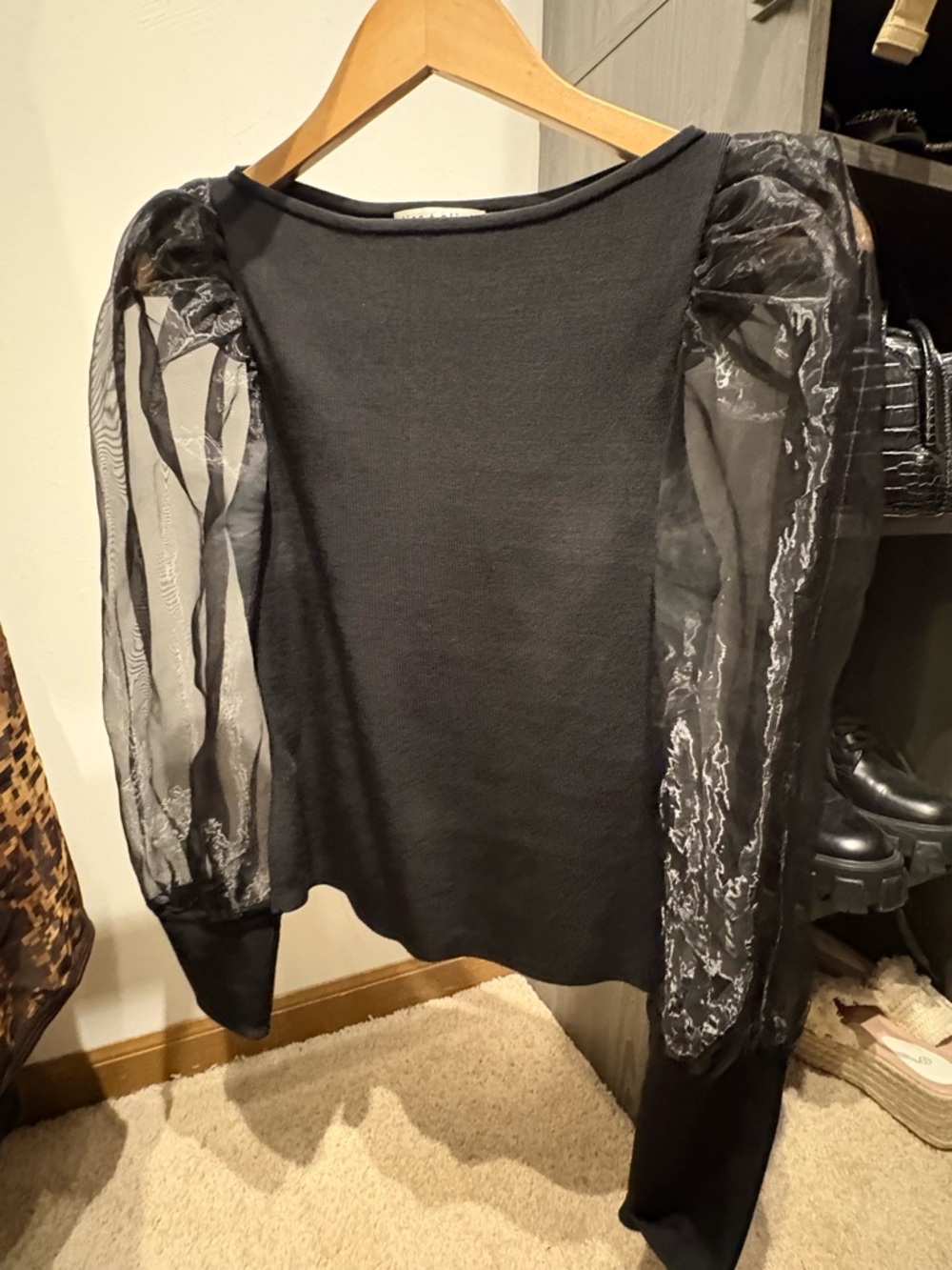 Alice + Olivia Black Sheer Puff Sleeve Top